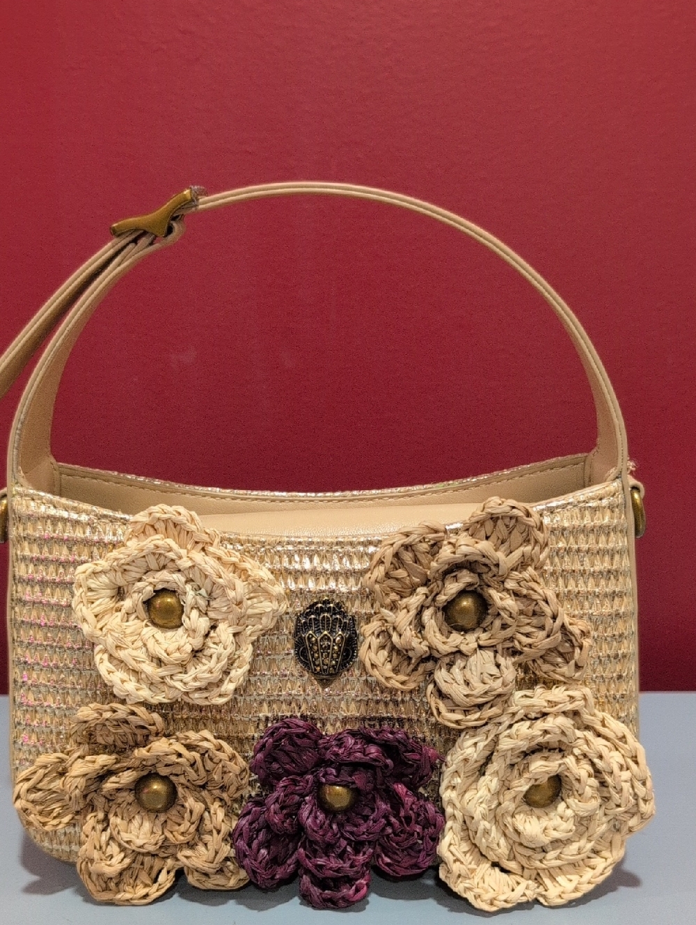 Kurt Geiger Beige Woven Mini Bag with Plum & Tan Floral Appliqués